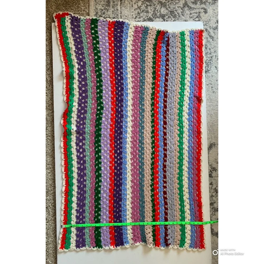 Vintage Handmade Multicolor Crochet Knit Afghan Throw Blanket